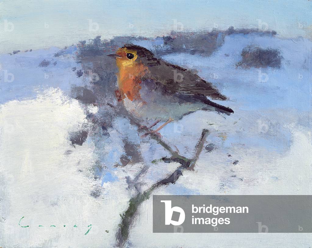 Bild von Gemälde "Rotkehlchen im Winterschnee (Öl an Bord)", 20. Jahrhundert von Fred Cuming