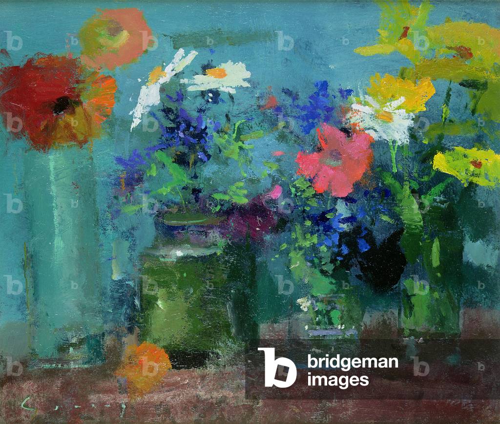 Ringelblumen, Mohnblumen und Gänseblümchen (Öl auf Karton)