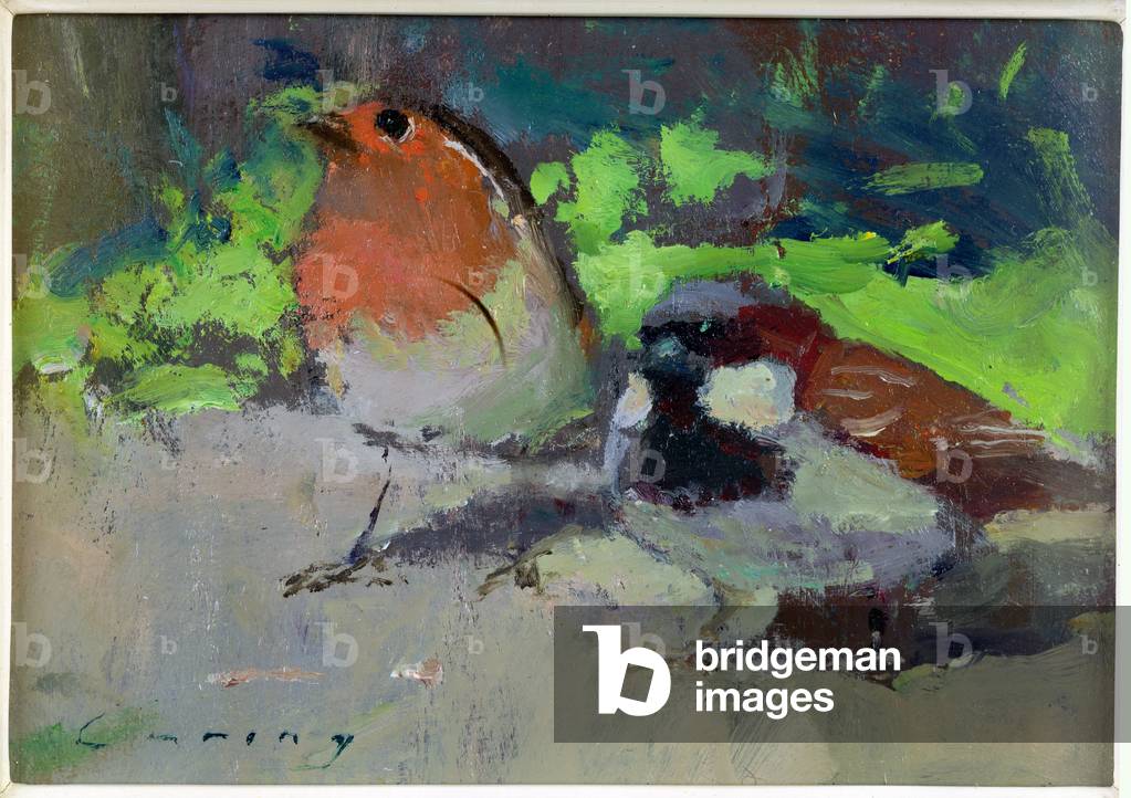 Rotkehlchen und Sperling (Öl auf Karton)