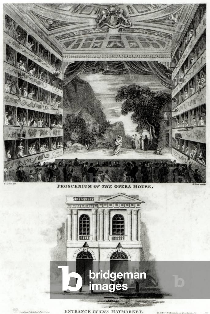 Her Majesty's Theatre,  LONDON Haymarket Entrance and Proscenium of Opera House, dated 1825 according to sources