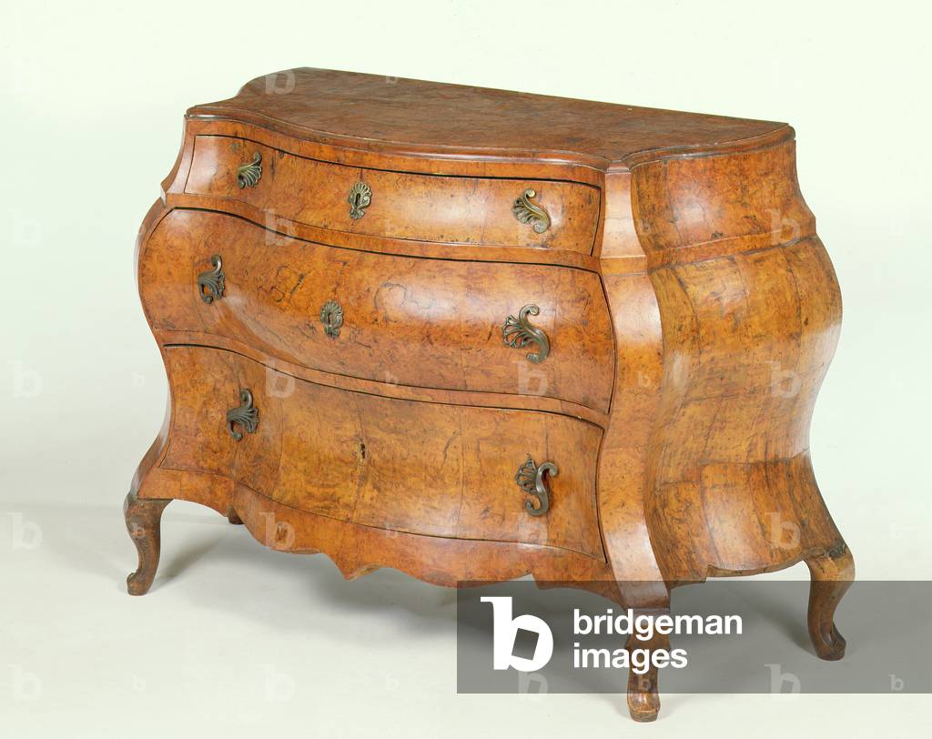North Italian walnut commode, exaggerated bombe form, c.1760