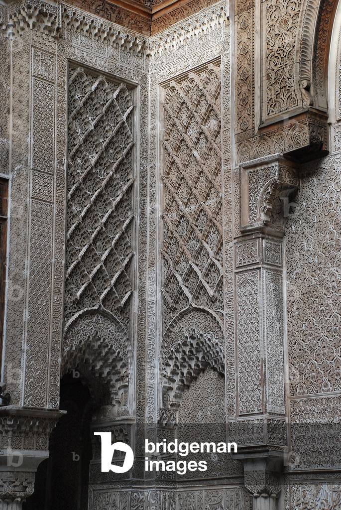 Medersa el-Attarine, Fes.  Founded by Abu Said in 1325 as a separate annexe to the Kairaouine Mosque. Traditional Merenid stucco-work