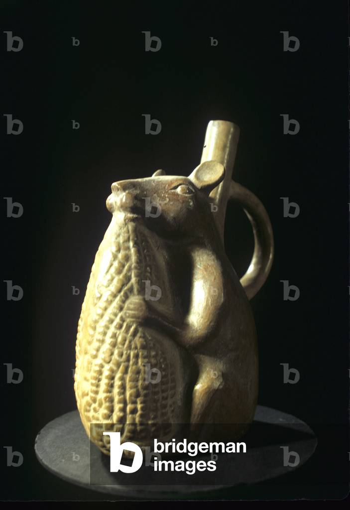 Moche pot on shape of a rat eating maize, Peru
