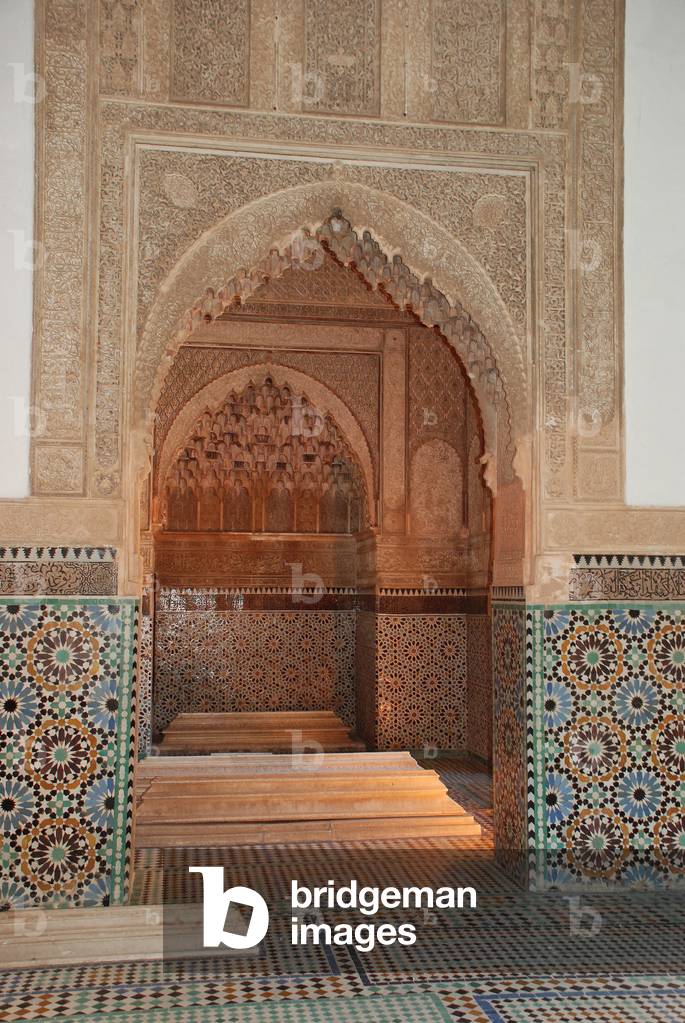 Muqarnas plasterwork archway from tomb of the mother of Ahmed el-Mansour ed-Dhabi Saadian Tombs, Marrakesh, Morocco