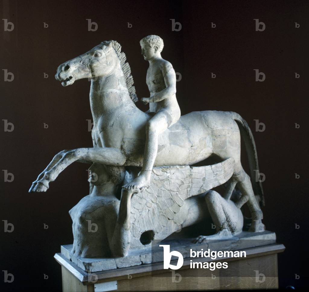 Greek statue of horseman supported by a sphinx, Temple of Locri, 5th century BC, Calabria
