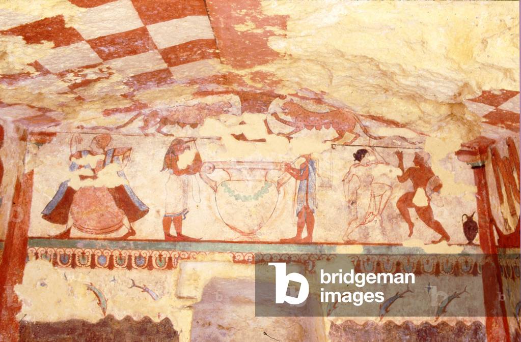 Wall depicting musicians, dancers and dolphins, from the Tomb of the Lionesses in the necropolis, c.520 BC (wall painting)