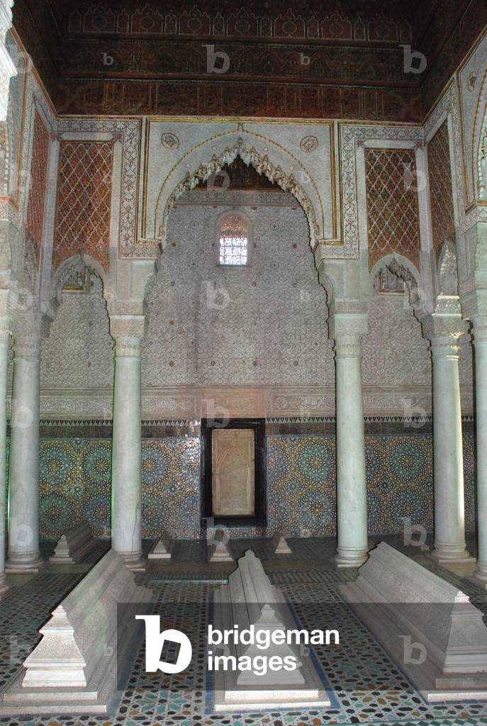 Chamber of the 12 pilars, Saadian Tombs, Marrakesh, Morocco Muqarnas plasterwork.