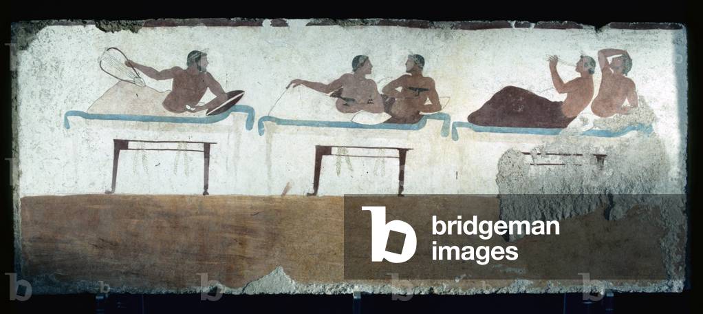 Greek painting from the Tomb of the Diver, Paestum, 480 BC Banqueters. Symposium scene, Italy