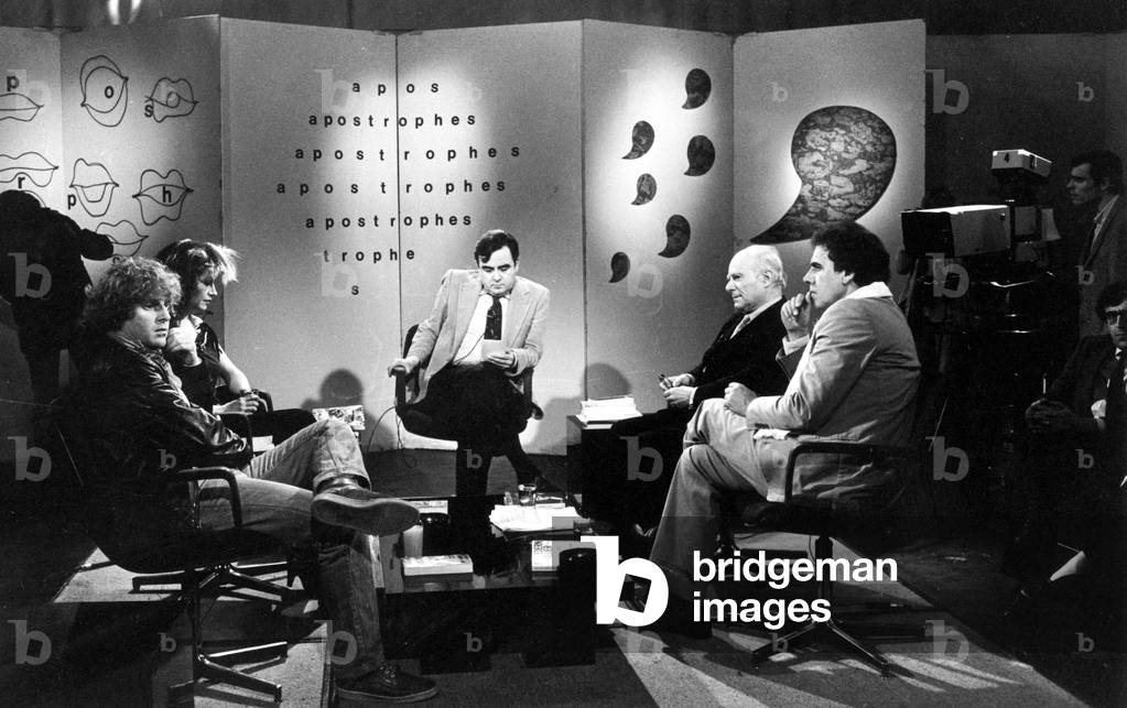 host Bernard Pivot with guests Jean Edern Hallier, Paul Guth and Daniel Cohn-Bendit during tv program April 23, 1982