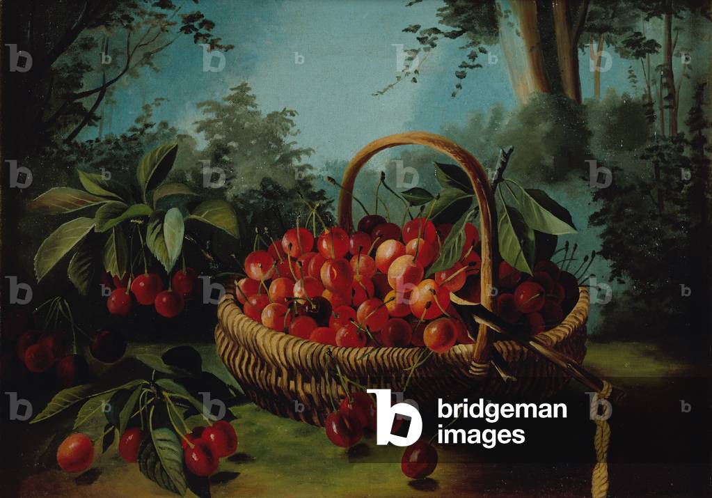 Basket of Cherries in a Landscape, late 19th Century (oil on canvas)