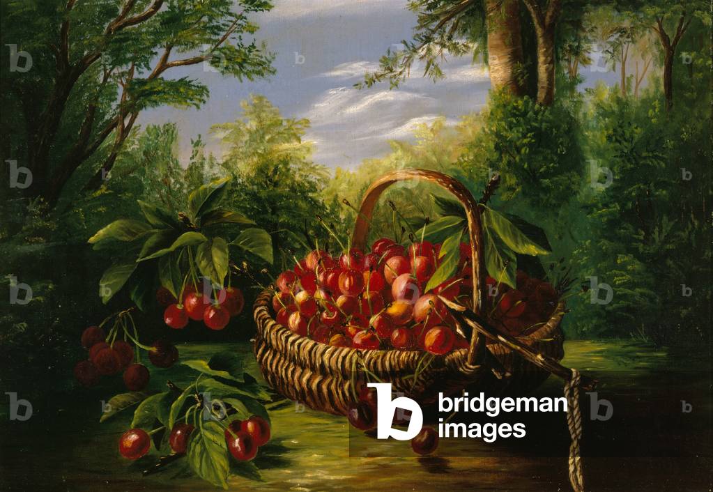 Basket of Cherries in a Landscape (oil on canvas)