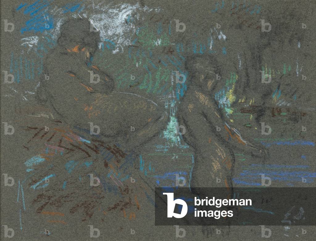 Bathers at a Stream (pastel on gray paper)