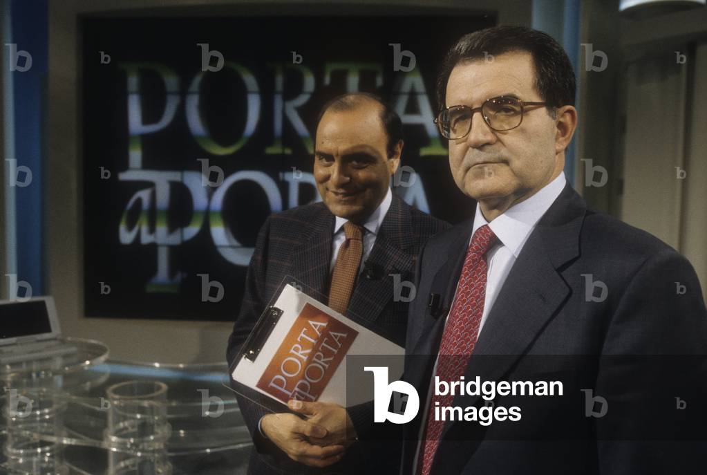 Italian journalist Bruno Vespa and politician Romano prodi at TV program “” Porta a Porta”””, 1996/Il giornalista Bruno Vespa e il politico Romano Prodi alla trasmissione televisiva “” Porta a porta””, 1996 -