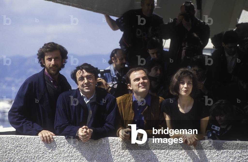 Cannes Film Festival 1991. Nanni Moretti, Silvio Orlando, Daniele Lucchetti, Anne Roussel, in competition with the movie “” Il portaborse”” (The Yes Man) directed by Daniele Lucchetti/Festival del Cinema di Cannes 1991. Nanni Moretti, Silvio Orlando, Daniele Lucchetti, Anne Roussel, in concorso with the film “” Il portaborse””” by Daniele Lucchetti -