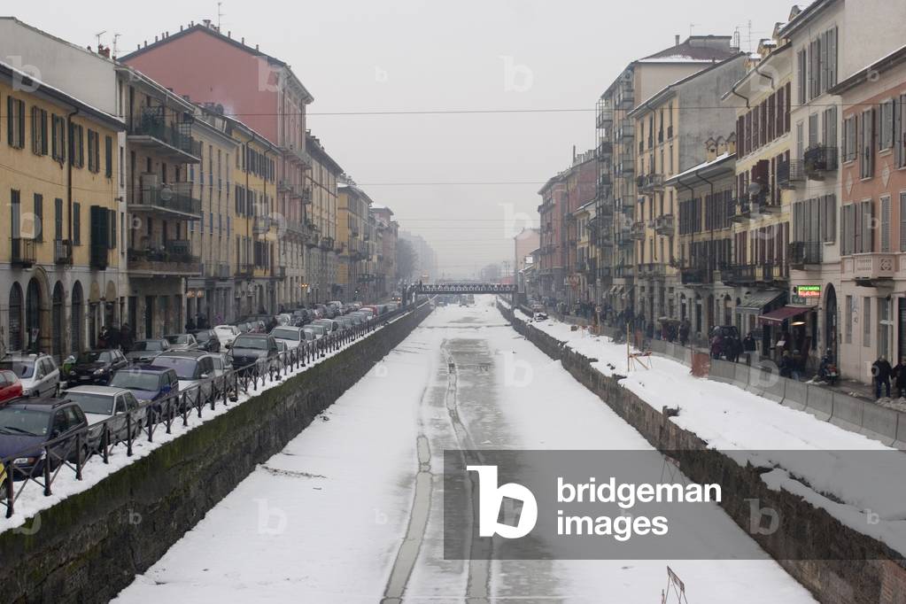 Milan, January 2006. Naviglio Grande canal after a snowfall