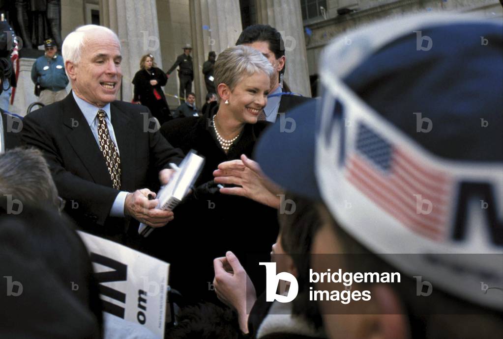 Republican Candidate John McCain and his wife Cindy Hensley, Election Rally, Wall Street, 2000 (photo)
