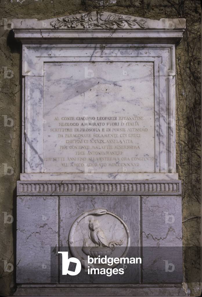 Tomb of Giacomo Leopardi in the Parco Vergiliano at Piedigrotta, Naples. Plaque by Antonio Ranieri, friend and companion of Leopardi in the last years of his life/Tomba di Giacomo Leopardi nel Parco Vergiliano a Piedigrotta, Napoli. Lapide posta da Antonio Ranieri, amico e compagno di Leopardi negli ultimi anni della sua vita -