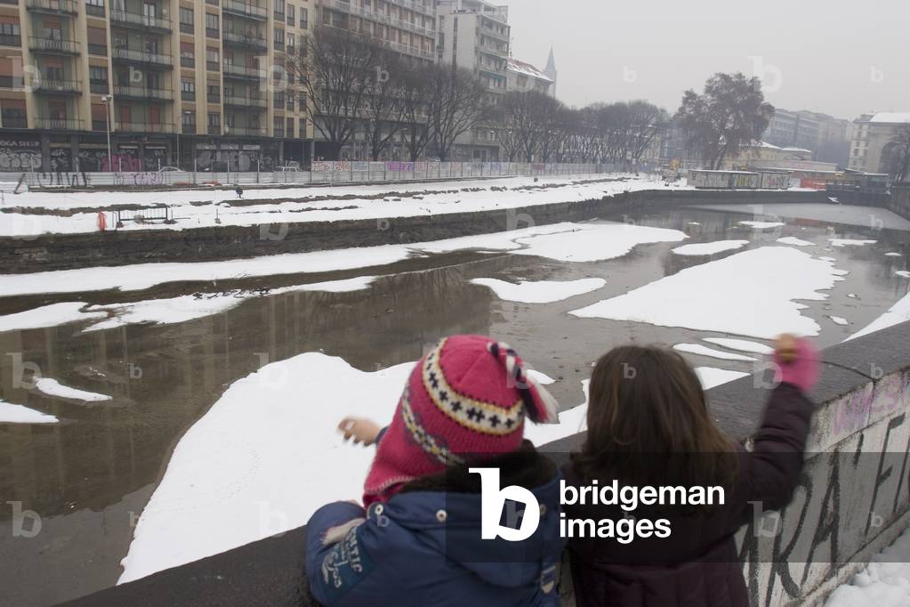Milan, January 2006. Naviglio Grande canal after a snowfall