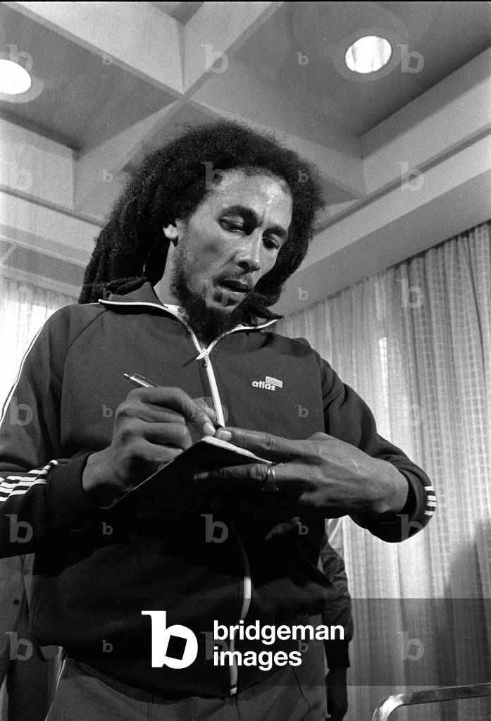 Portrait of Jamaican reggae singer and guitarist Bob Marley. 1980