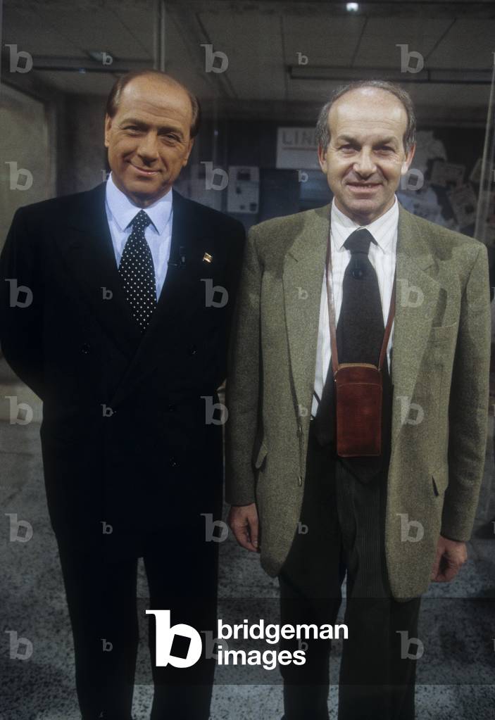 Silvio Berlusconi, journalist Lucia Annunziata and politician Fausto Bertinotti in the RAI Studios, Rome, Italy, 1996 (photo)