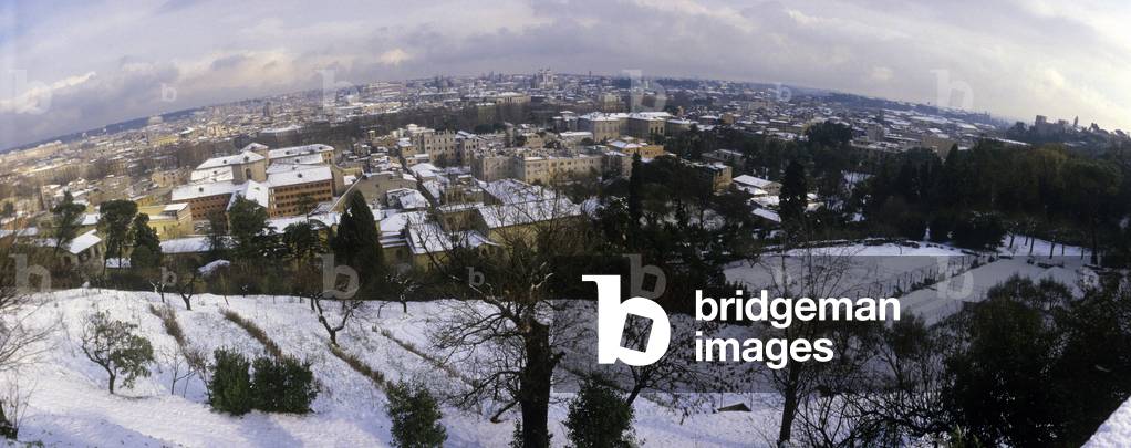 Panoramic view of Rome covered with snow, taken from Gianicolo Hill, Rome