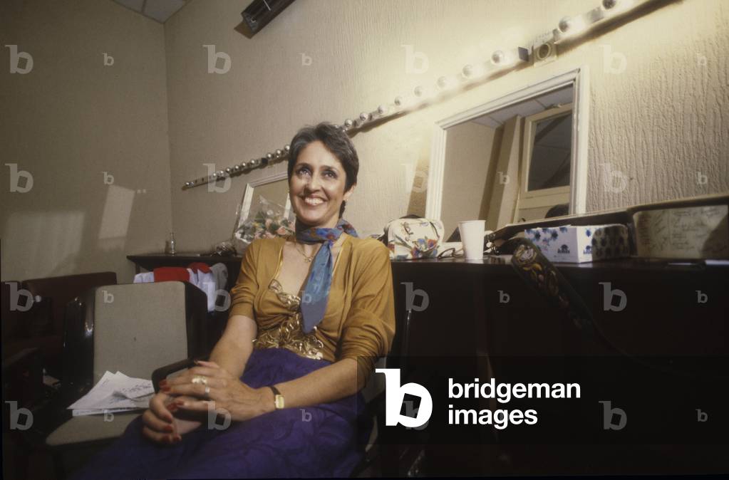 Nizza, about 1984. American folk singer songwriter Joan Baez in her dressing room after performing (photo)