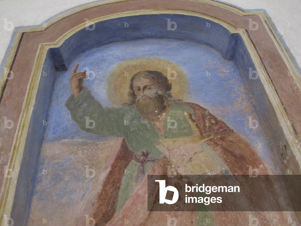 Galatina, Italy. Fresco above the well in the chapel of St. Paul where tarantolati were conducted to drink its healer water. According to local legend the 