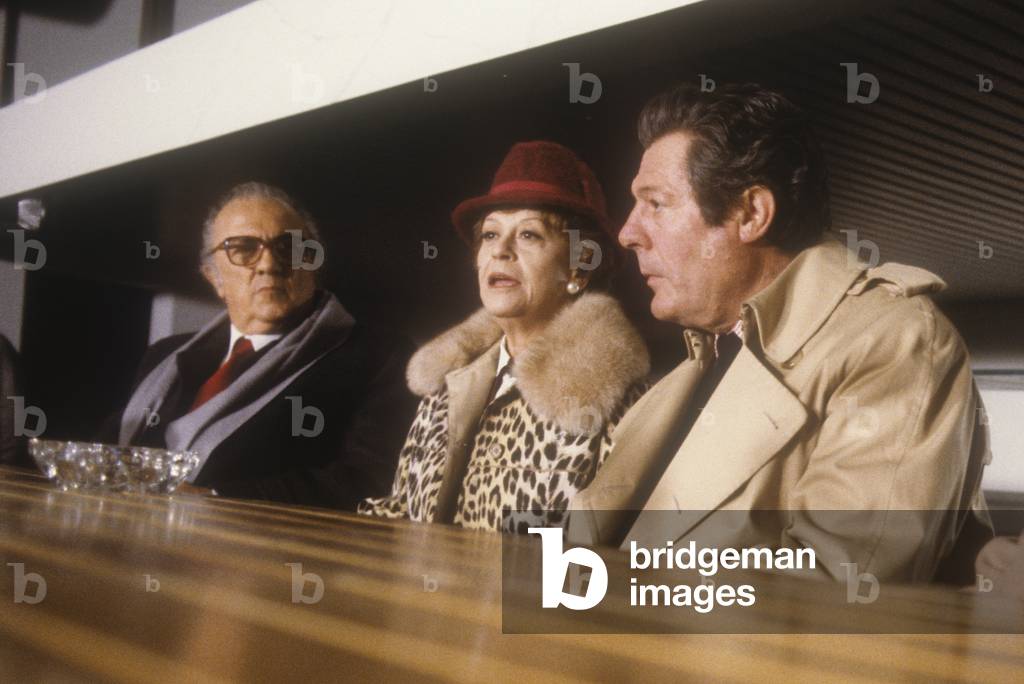 Rome, Cinecittà Studios, March 1985. Director Federico Fellini, actors Giulietta Masina and Marcello Mastroianni, producer Alberto Grimaldi at the press conference for the movie 