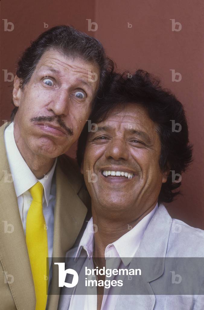Venice Lido, Venice Film Festival 1984. Italian comedians Ciccio Ingrassia and Franco Franchi, starring in the movie out of competion “” Kaos”” directed by the Taviani brothers/Lido di Venezia, Mostra del Cinema di Venezia 1984. Gli attori comici Ciccio Ingrassia e Franco Franchi, protagonisti del film fuori concorso “” Kaos”” dei fratelli Taviani -