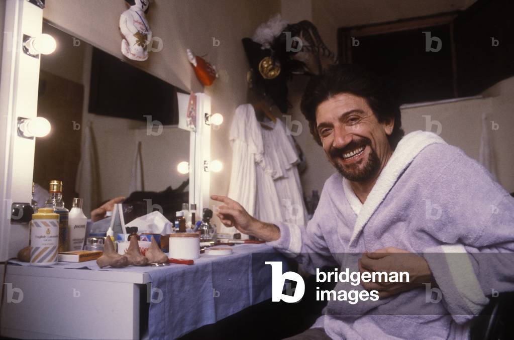 Rome, Sistina Theater, 1985. Actor Gigi Proietti in his dressing room before performing in 