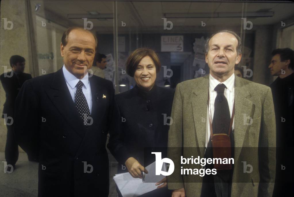 Silvio Berlusconi, journalist Lucia Annunziata and politician Fausto Bertinotti in the RAI Studios, Rome, Italy, 1996 (photo)