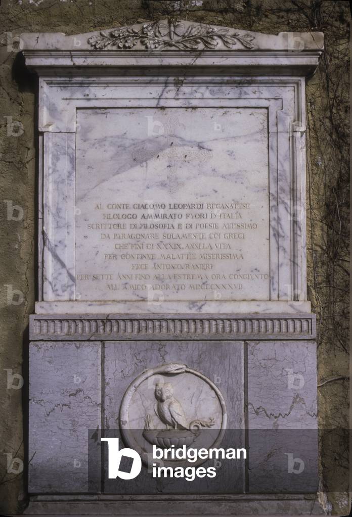 Tomb of Giacomo Leopardi in the Parco Vergiliano at Piedigrotta, Naples. Plaque by Antonio Ranieri, friend and companion of Leopardi in the last years of his life (photo)