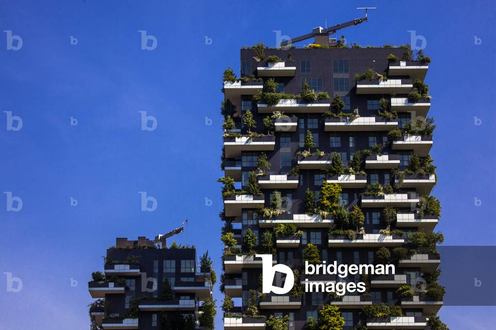 Milan, Porta Nuova district. The two tower of the Bosco Verticale project (vertical Forest) designed by Boeri Studio in the Porta Nuova district