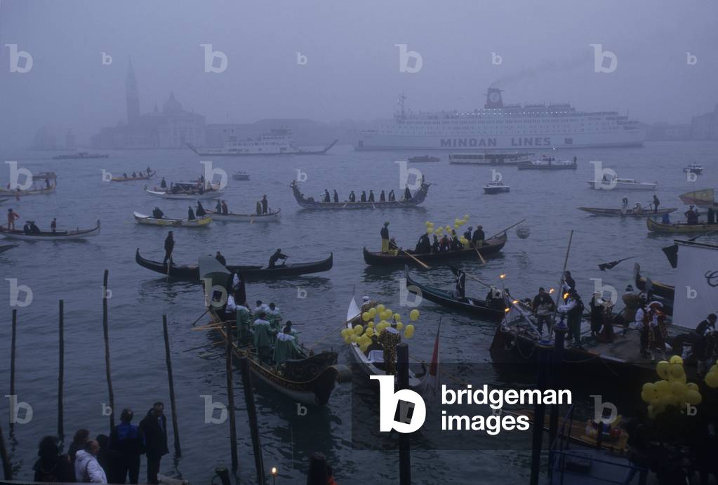 Venice Carnival 1998. Boats decorated for Carnival in Castello district