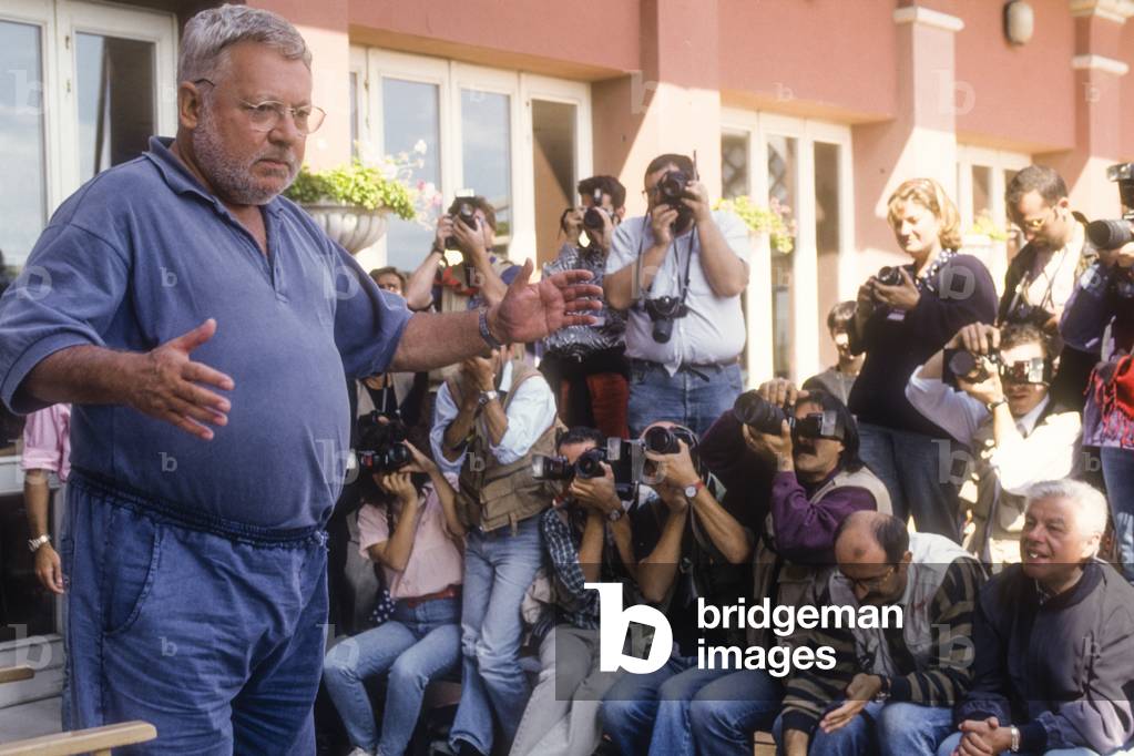 Venice Lido, Venice Film Festival 1992. Actor Paolo Villaggio shot by photographers (photo)