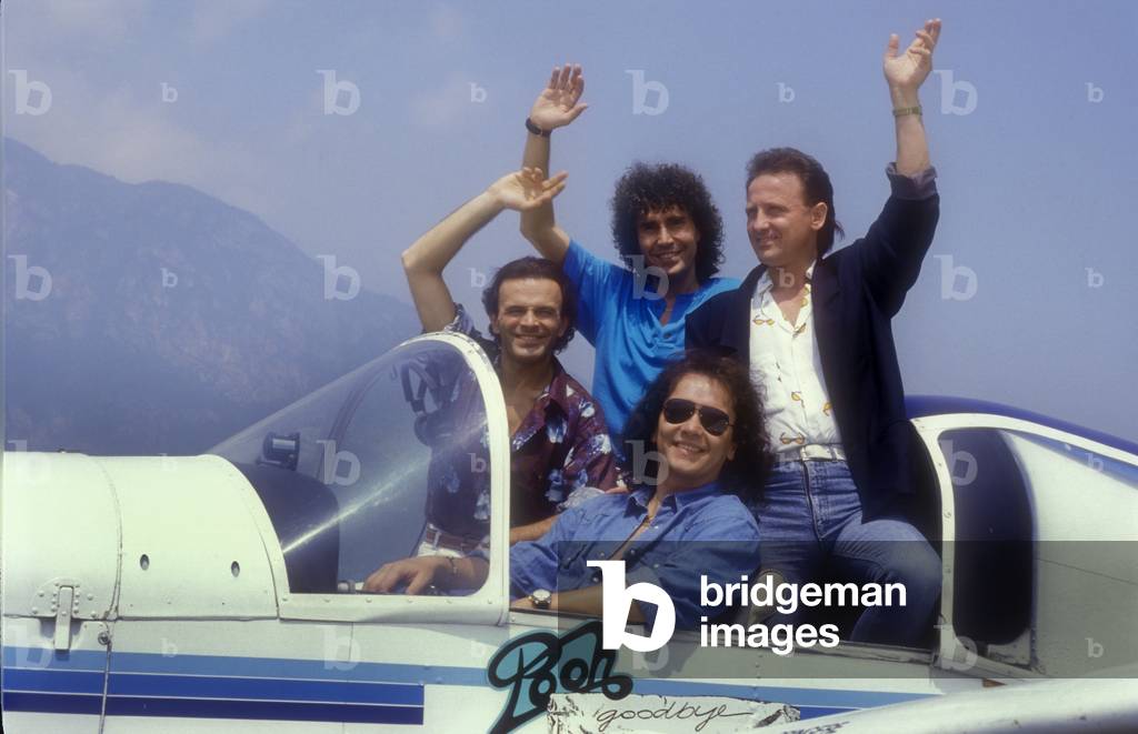 Trento, 1987. Italian pop group The Pooh: Dodi Battaglia, Stefano D'Orazio, Roberto Facchinetti, Red Canzian (photo)