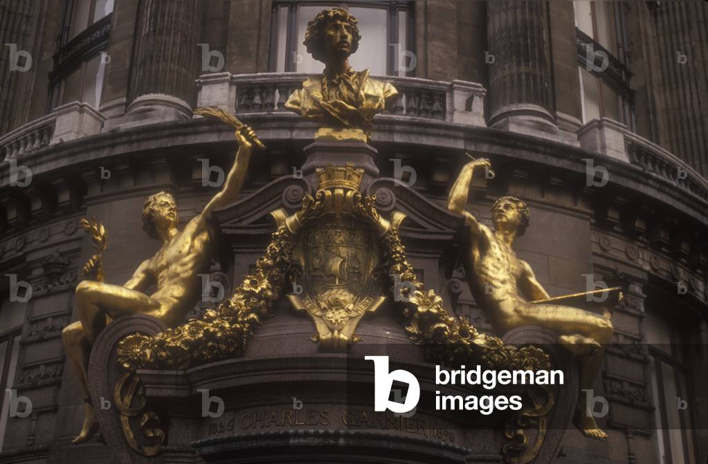 Paris Opera (Opera de Paris), about 1995. Frieze dedicated to the architect Charles Garnier who planned the building