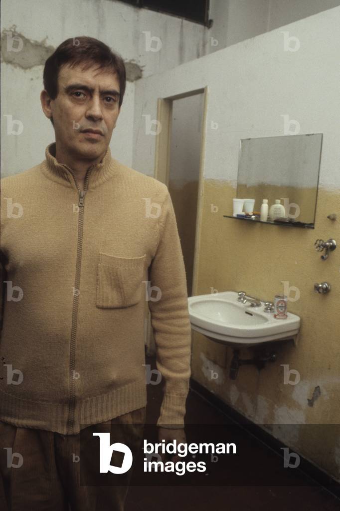 Rome about 1980. Stage director and actor Carmelo Bene posing for a portrait shoot in his dressing room before performing (photo)