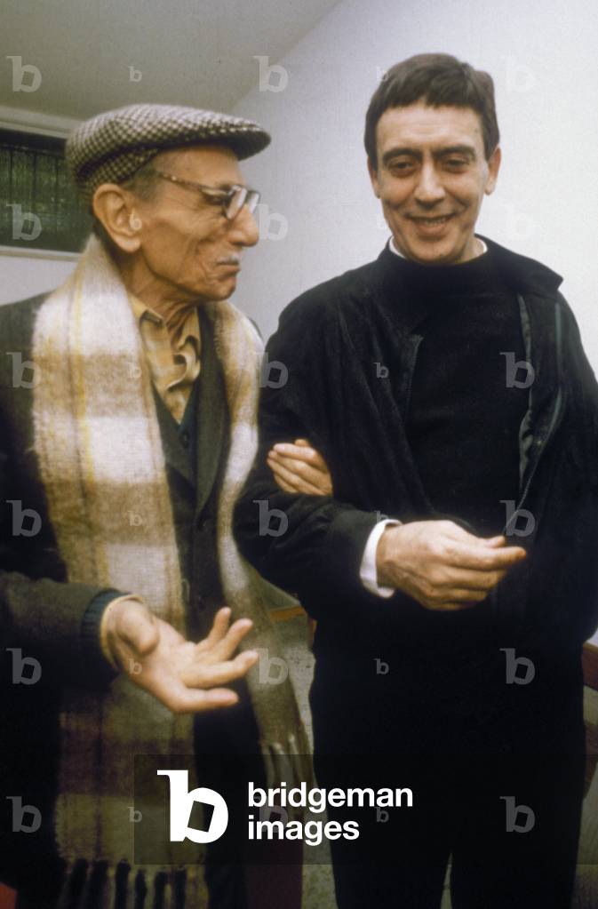 Rome, Palaeur, November 15, 1981. Stage director and actor Carmelo Bene with playwright and actor Eduardo De Filippo after played a recital together (photo)