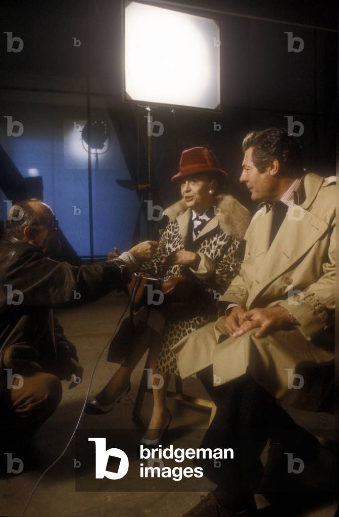 Italian comedians Giulietta Masina and Marcello Mastroianni at a press conference for Federico Fellini's film “Ginger and Fred”, Rome, March 1985