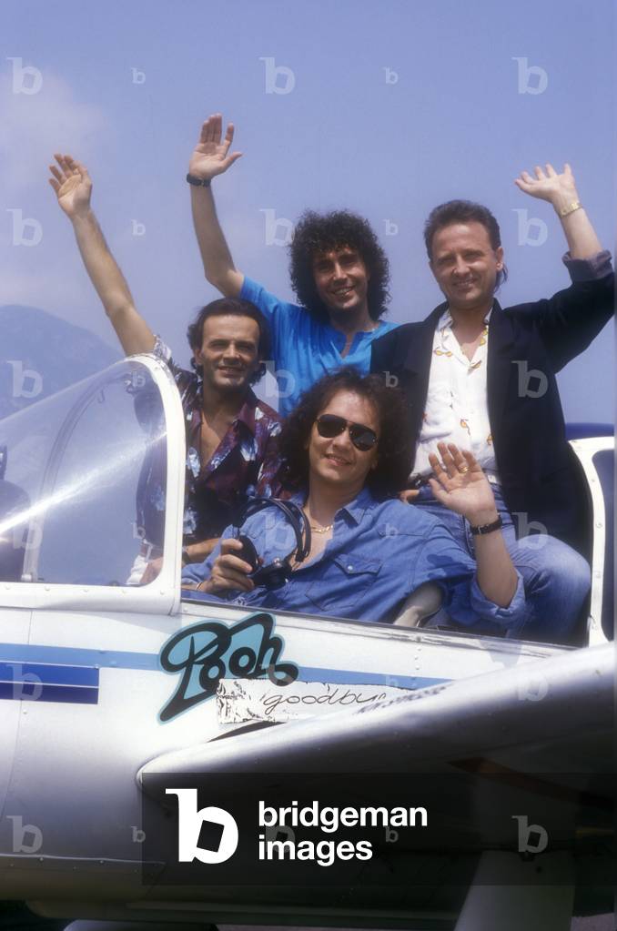 Trento, 1987. Italian pop group The Pooh: Dodi Battaglia, Stefano D'Orazio, Roberto Facchinetti, Red Canzian (photo)