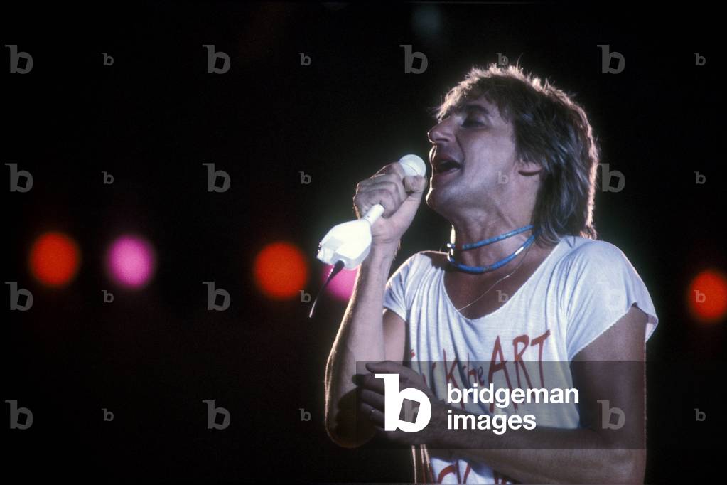 Portrait of rock singer Rod Stewart on stage in 1990.