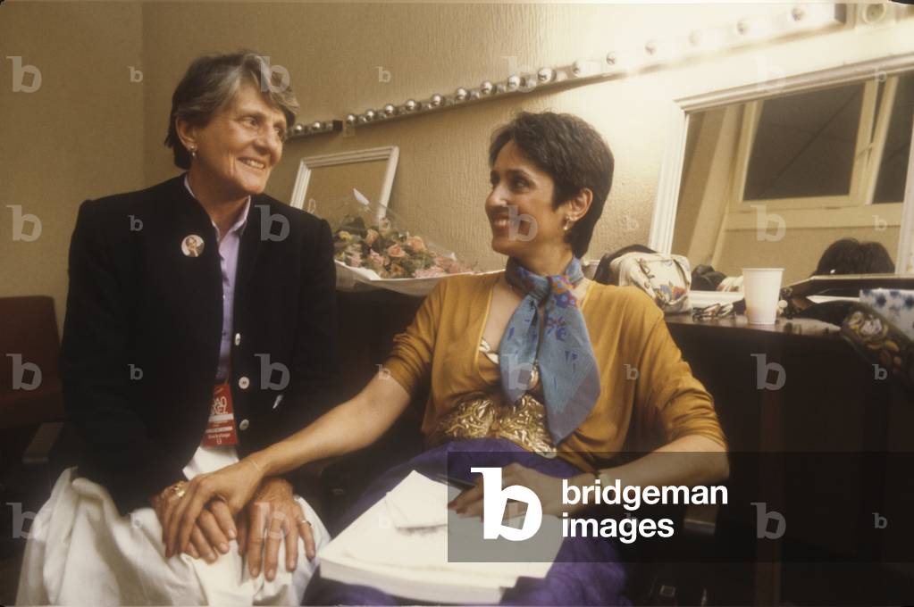 Nizza, about 1984. American folk singer songwriter Joan Baez with her mother Joan senior in her dressing room after performing (photo)