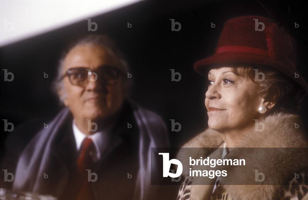 Rome, Cinecittà Studios, March 1985. Director Federico Fellini and his wife, actress Giulietta Masina at the press conference for his movie 