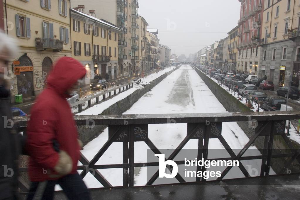 Milan, January 2006. Naviglio Grande canal after a snowfall
