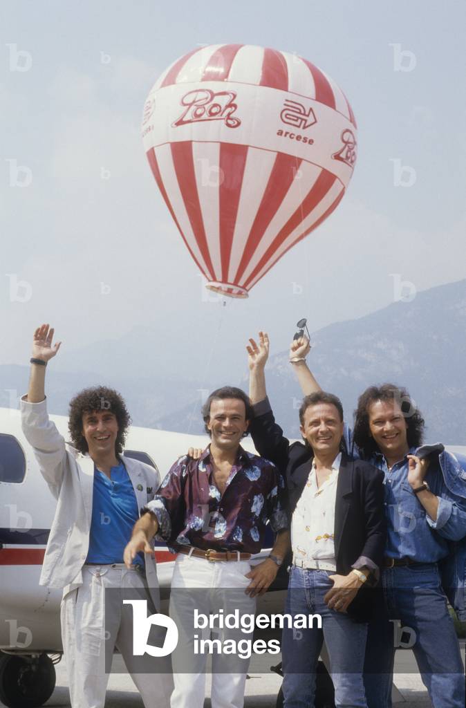 Trento, 1987. Italian pop group The Pooh: Stefano D'Orazio, Dodi Battaglia, Roberto Facchinetti, Red Canzian (photo)