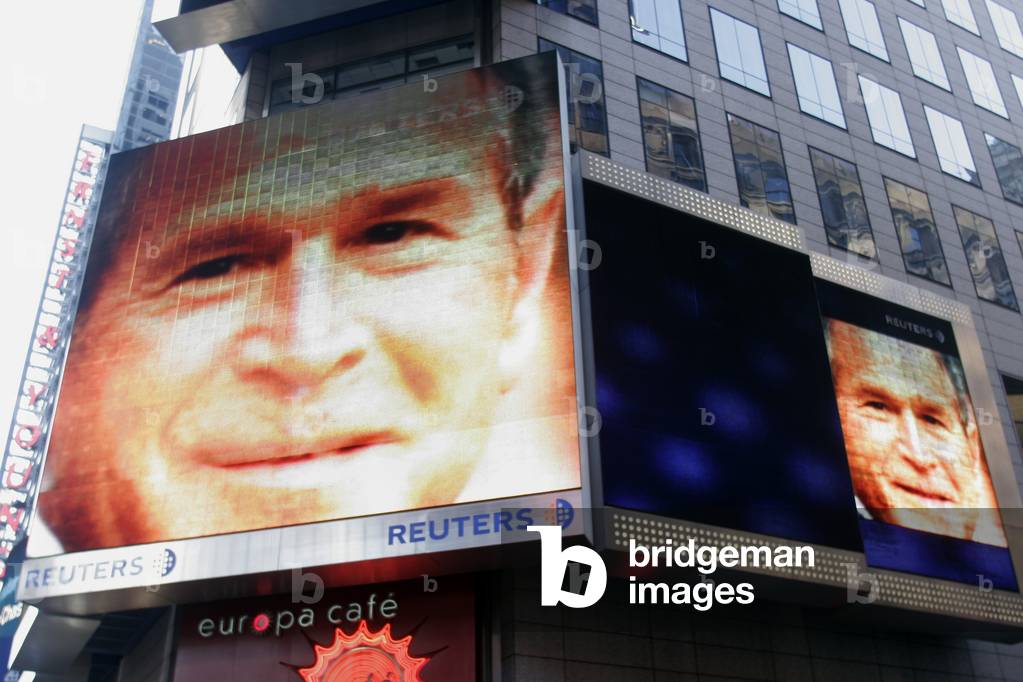 New York City, February 2008. The face of President of the United States George W. Bush on the screen of the Reuters Building at Times Square