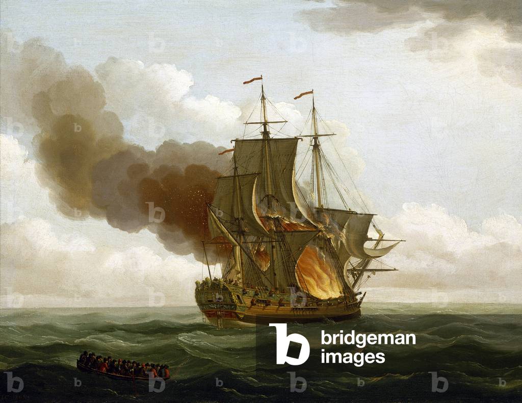 Image of Painting depicting The fire on board the gallery 'Luxborough' 1727 by John the Elder Cleveley