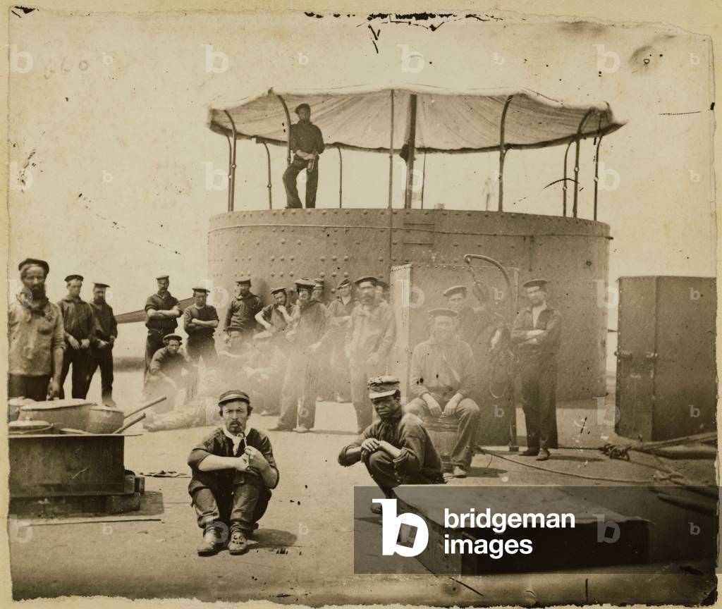 USS Monitor crew members on deck, 1862 (b/w photo)