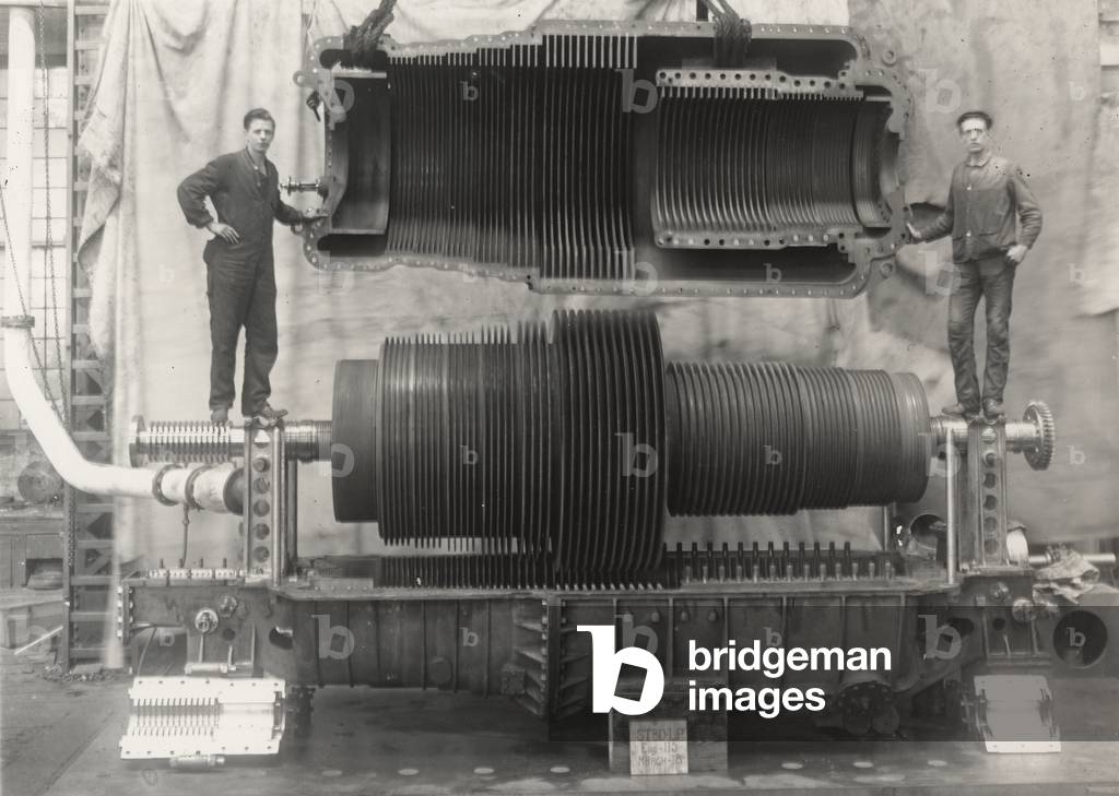 Steam turbines built for torpedo boat destroyer ROE, opened for inspection, 1910 (b/w photo)